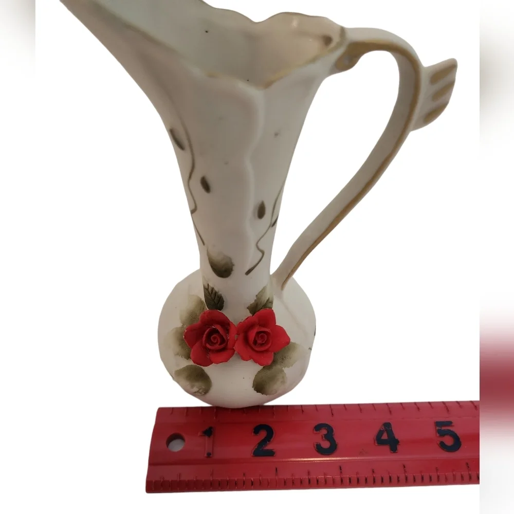 VINTAGE White Red Roses Bisque Pitcher Vase